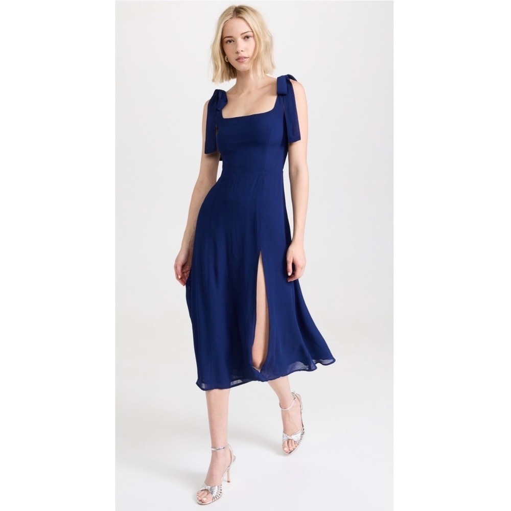 Reformation Twilight Midi Dress Danube Blue Tie Strap High Slit Smocked Back